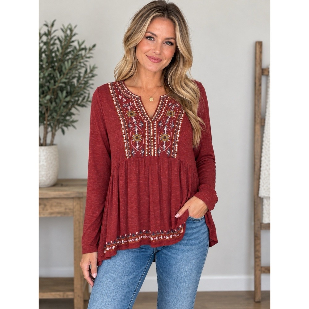 Knox Rose Womens Burgundy V Neck Boho Peasant Top Blouse Size Small New NWT